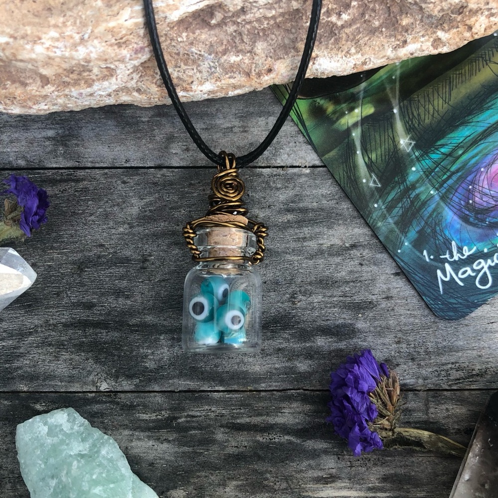 Evil Eye Protection Bottle Necklace Wire Wrapped - in Vintage Bronze Wire